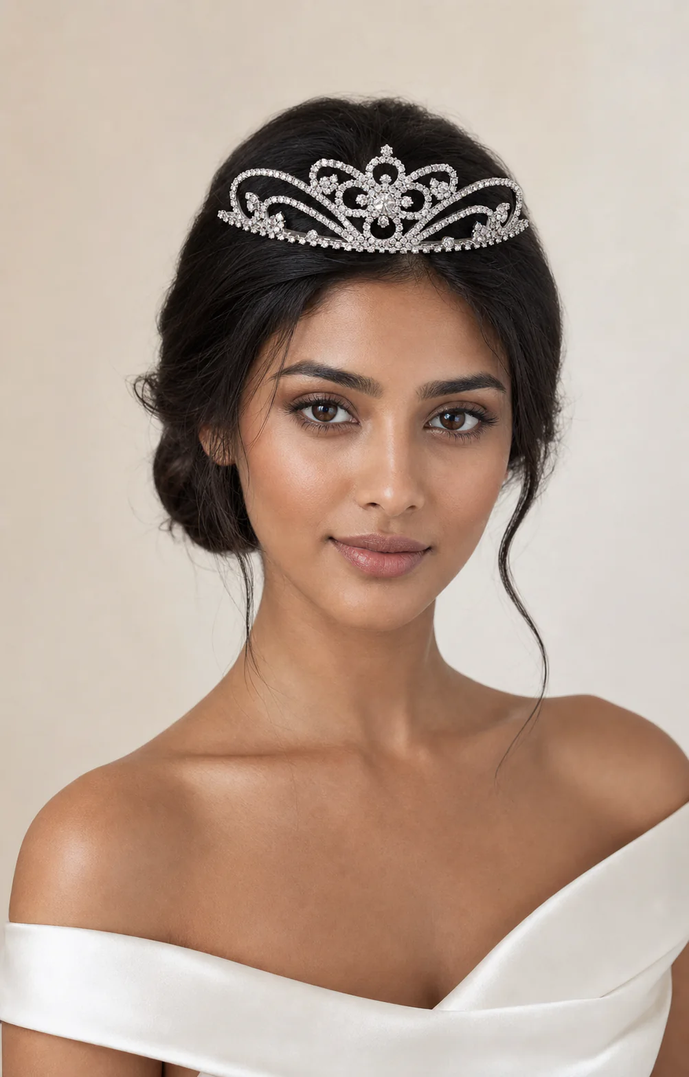 Editorial bridal styling with a floral crystal tiara