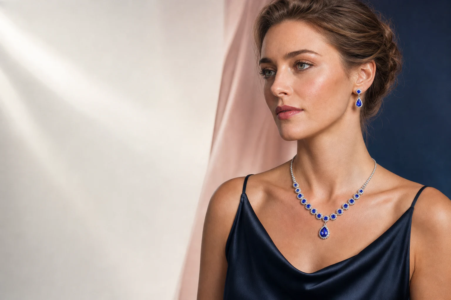 European editorial model wearing a blue crystal jewelry set