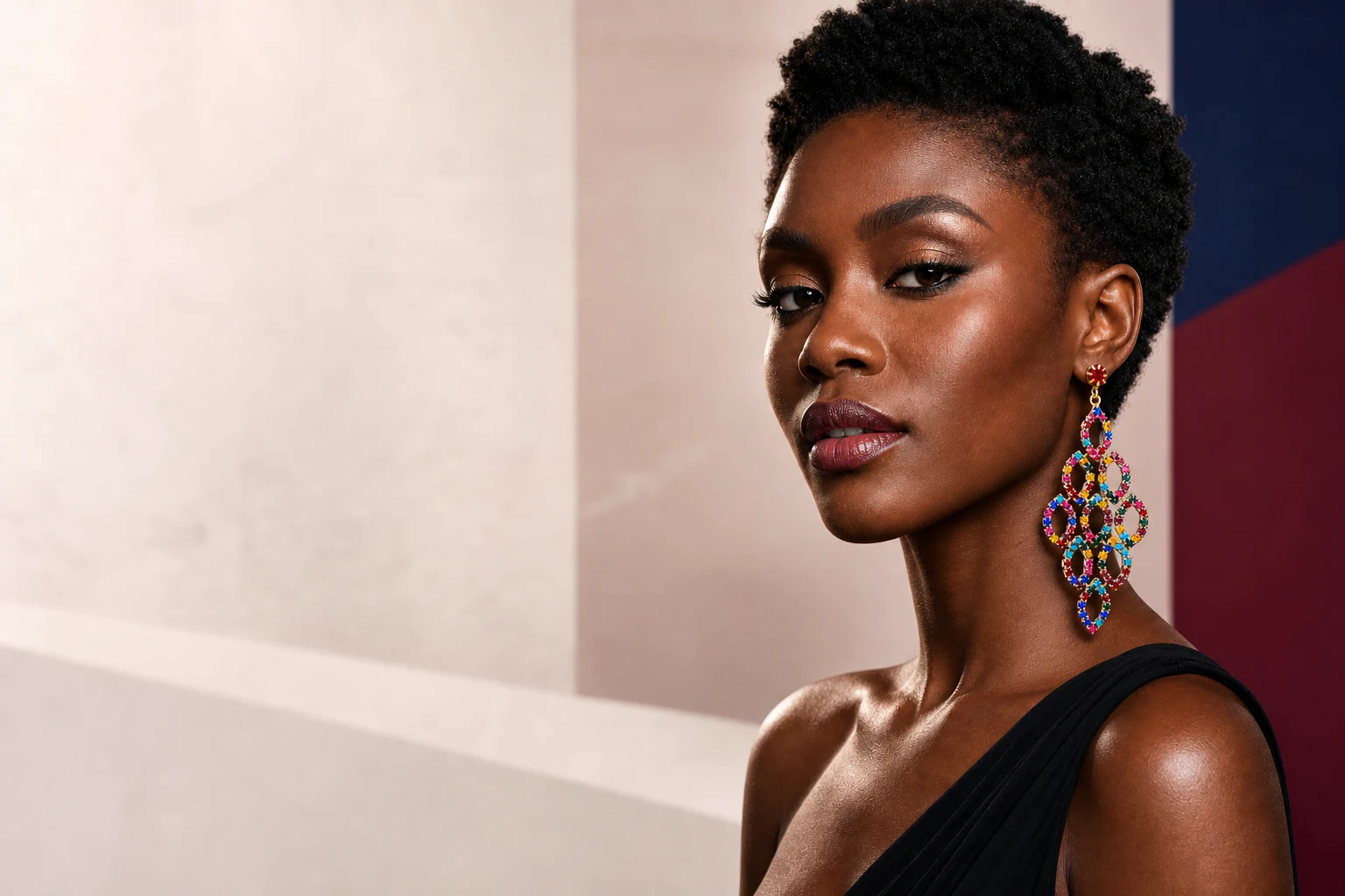 Black editorial model wearing multicolor chandelier earrings