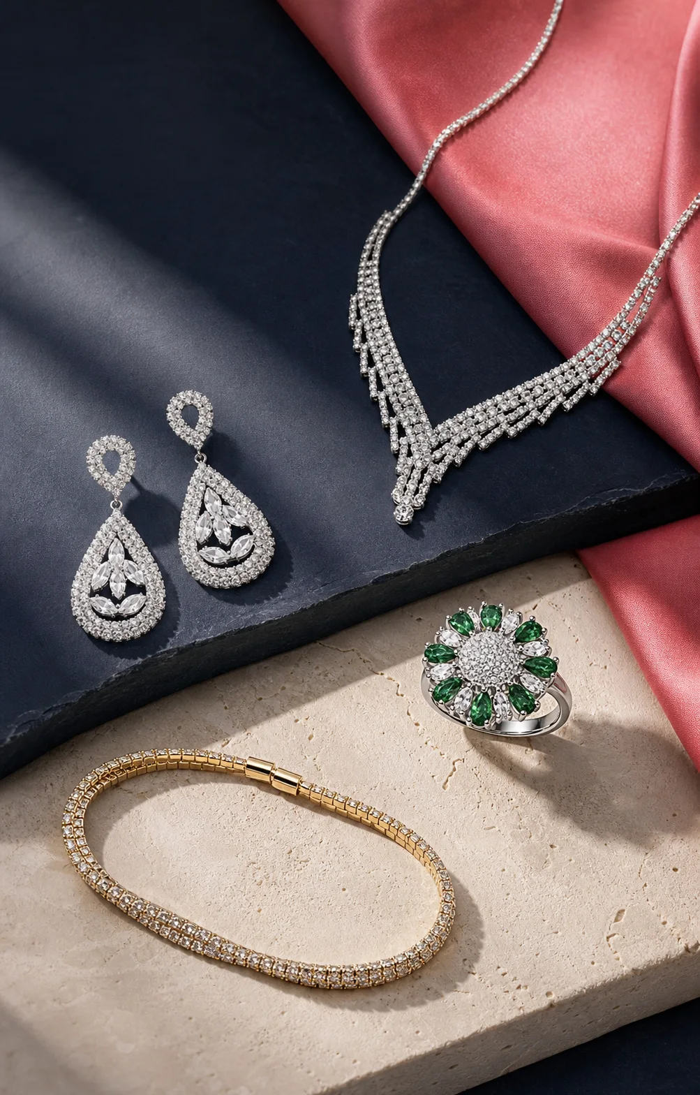 Reference-led fashion jewelry assortment with necklace, earrings, ring and bracelet